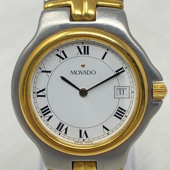 Movado Olympian Watch Men 36mm Silver Gold Tone Date 81.E2.887.2 New Battery 7" - Picture 2 of 14